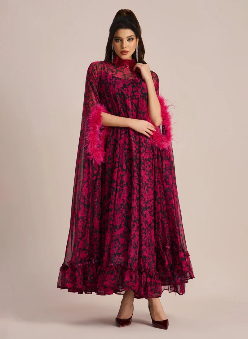 Sunfere Dana Sequins Feather Printed Maxi Dress